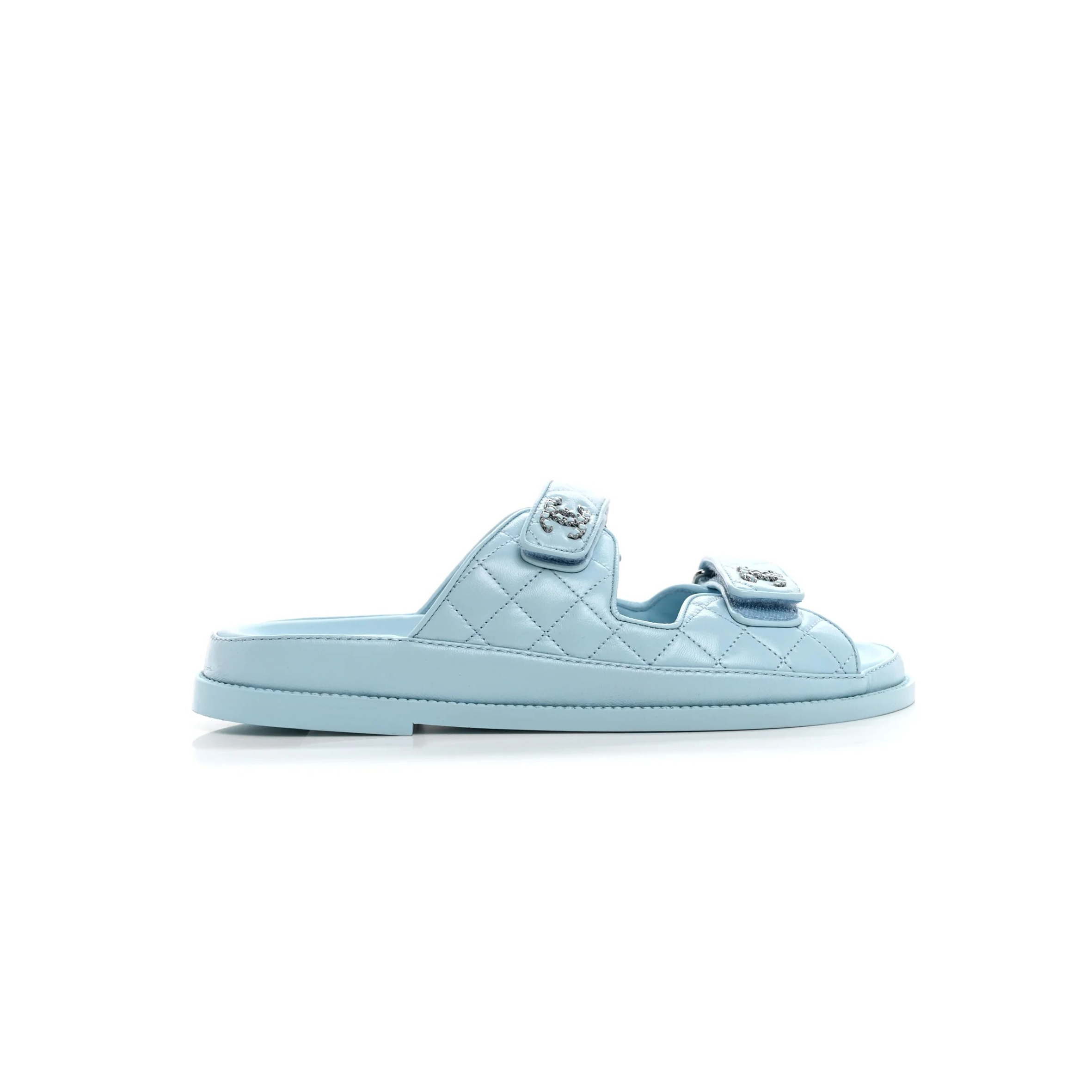 Ch**el laminated lambskin quilted velcro dad chain cc slide sandals